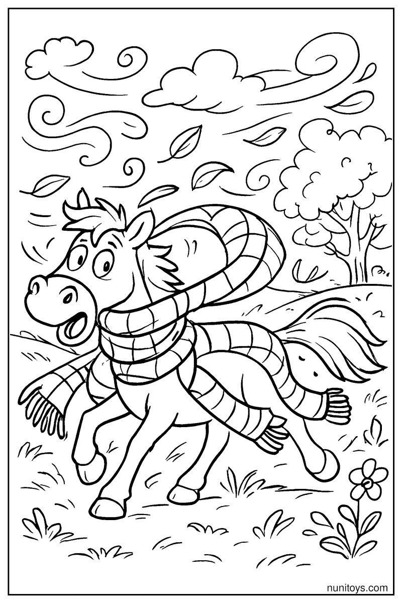 Silly Horse Tangled in a Long Scarf Coloring Page