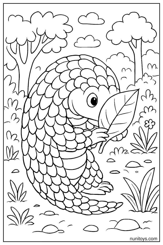 Silly Pangolin Hiding Behind a Tiny Leaf Coloring Page