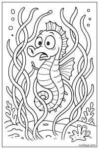 Seahorse Coloring Sheet Surrounded by Tall Seaweed