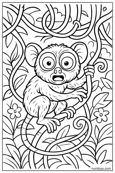 Tarsier Coloring Sheet Gripping Vines in Dense Jungle