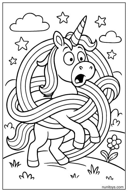 Unicorn Wrapped in Ribbon Loops with Rainbow Coloring Sheet