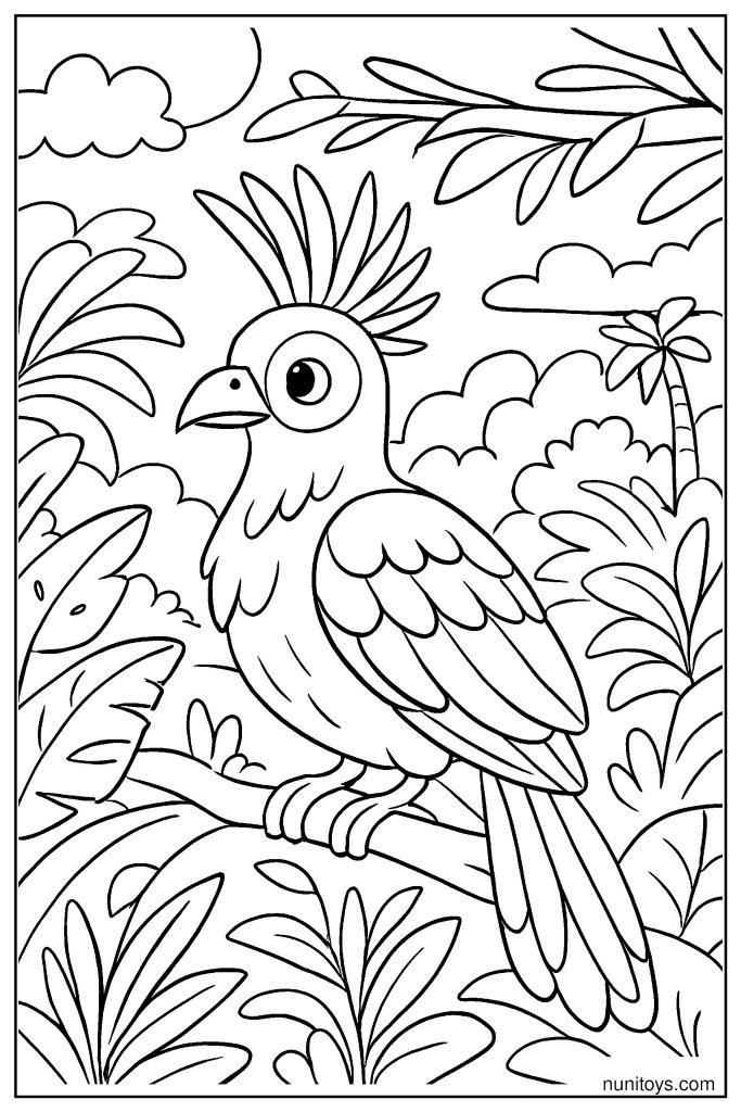 ציפור הואצין יושבת בין צמחי ג'ונגל דף צביעה רגוע לילדים