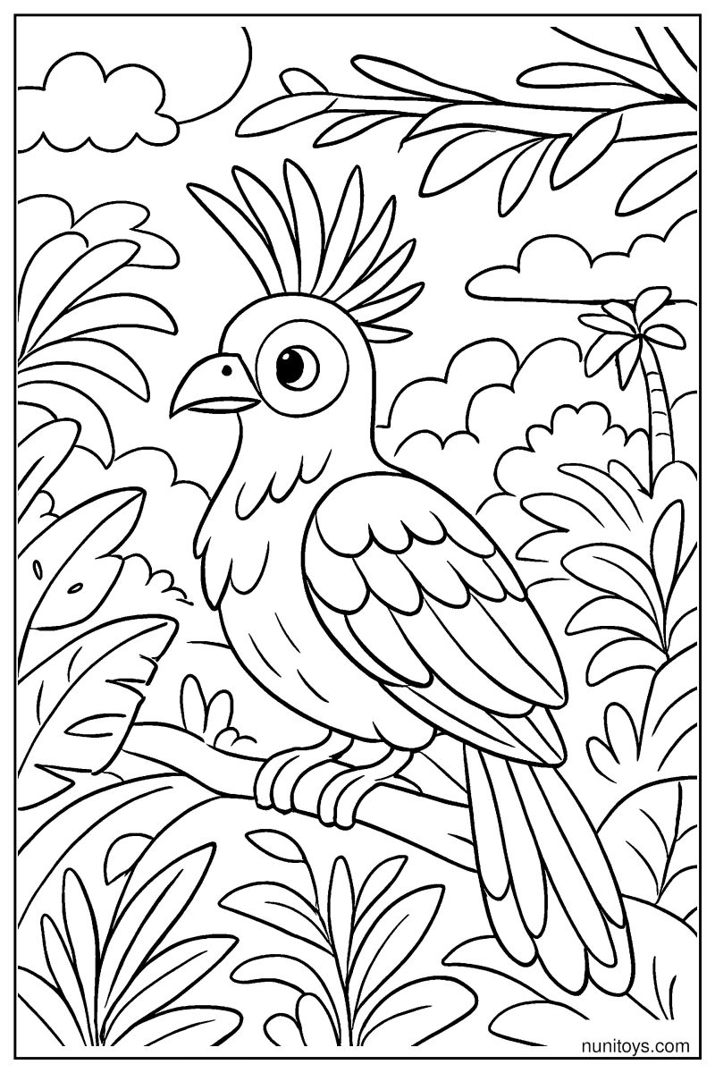 ציפור הואצין יושבת בין צמחי ג'ונגל דף צביעה רגוע לילדים