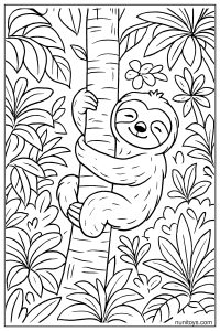 דף צביעה של עצלן מטפס ומחבק גזע עץ בג׳ונגל