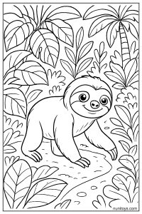 דף צביעה של עצלן הולך בשביל בין צמחי ג׳ונגל