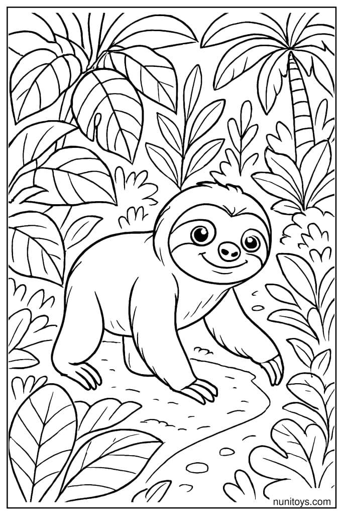 דף צביעה של עצלן הולך בשביל בין צמחי ג׳ונגל