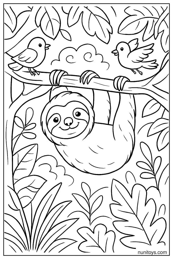 דף צביעה של עצלן תלוי על ענף עם ציפורים מעליו