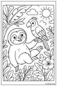 Sloth Interacting with Parrot in a Colorful Tropical Scene Coloring Page