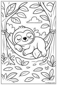 דף צביעה של עצלן ישן בערסל בין עצים ביער