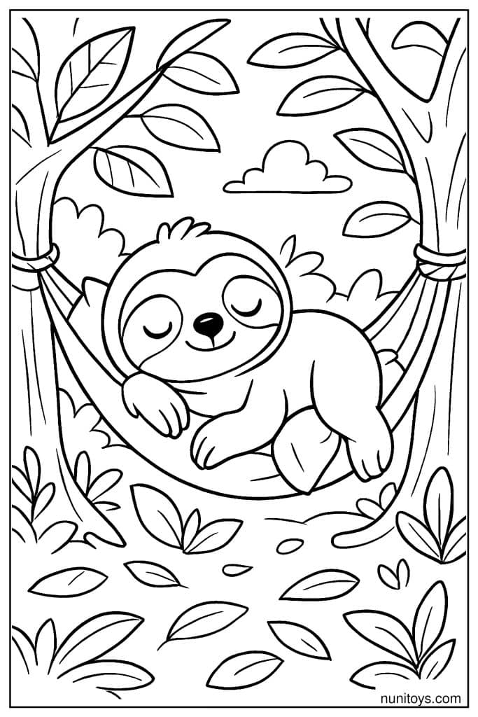 דף צביעה של עצלן ישן בערסל בין עצים ביער