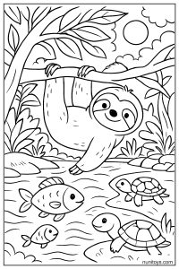 דף צביעה של עצלן תלוי מעל נחל עם דגים וצבים