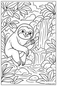 דף צביעה של עצלן יושב על ענף ליד מפל מים