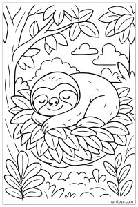 דף צביעה של עצלן ישן על קן עלים בין ענפי עץ