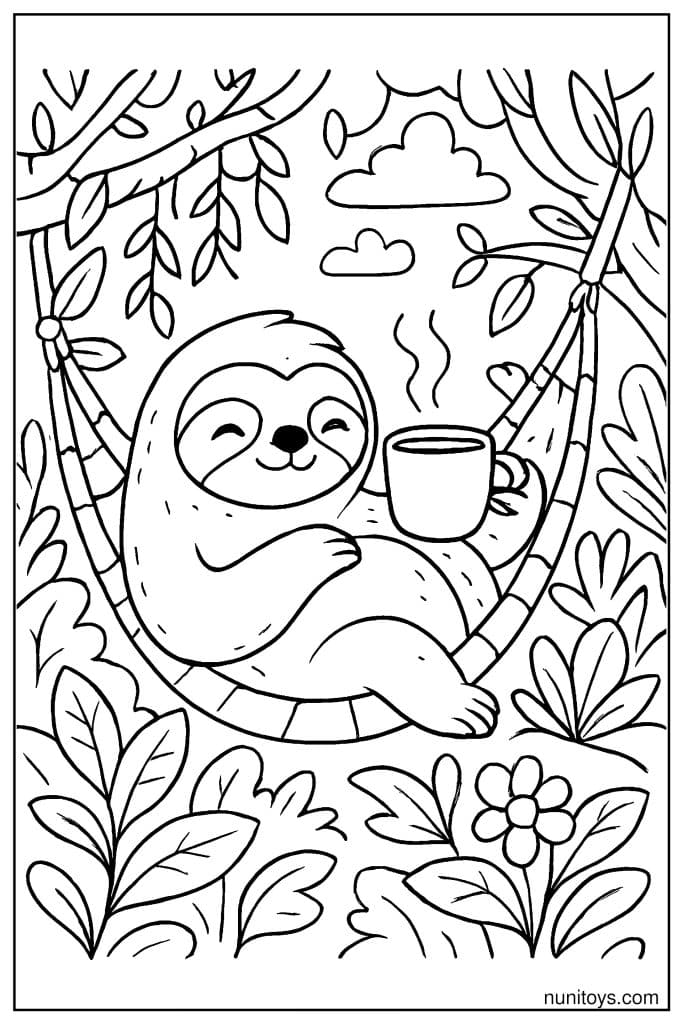 דף צביעה של עצלן נרגע בערסל עם כוס שתייה חמה