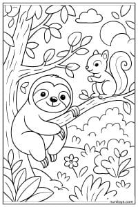 דף צביעה של עצלן וקיפודון יושבים על ענפים ביער