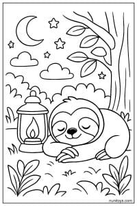 דף צביעה של עצלן ישן ליד פנס בלילה תחת ירח