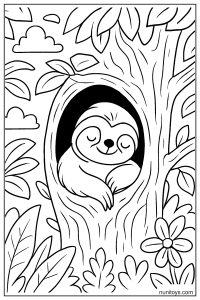 דף צביעה של עצלן ישן בתוך גזע עץ חלול