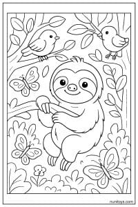 Sloth Surrounded by Birds and Butterflies in a Forest Coloring Page
