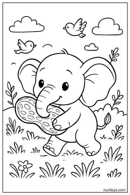 Elephant Eating Cookie in Field Coloring Page