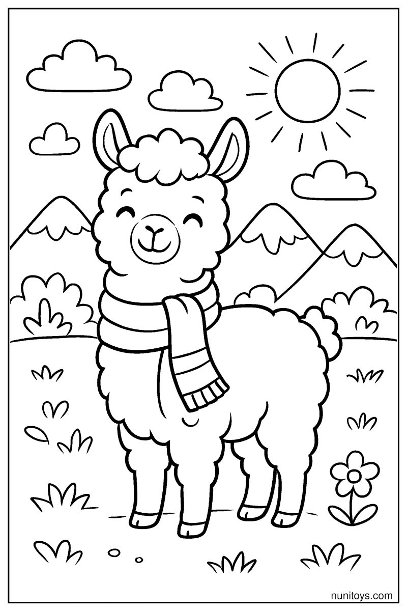 דף צביעה אלפקה עם צעיף עומדת בנוף הרים ושמש