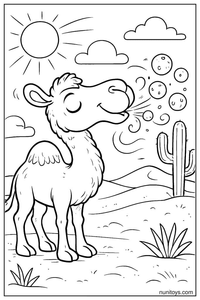 Camel Blowing Bubbles Under Sunny Sky Coloring Page