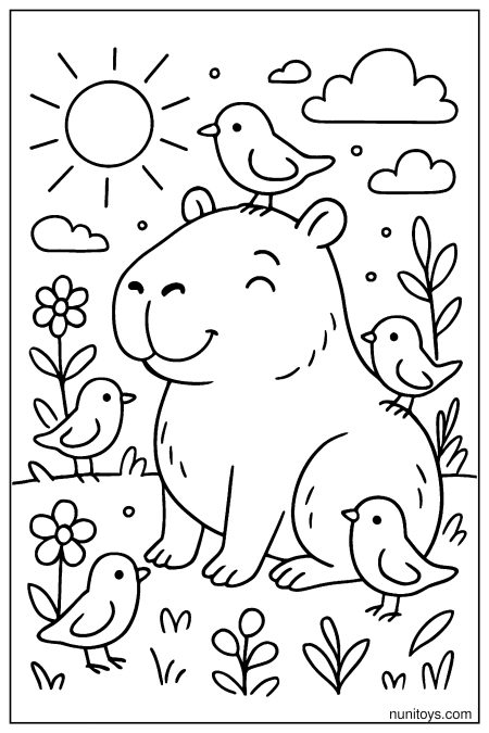 Capybara surrounded by small birds in sunny meadow Coloring Page