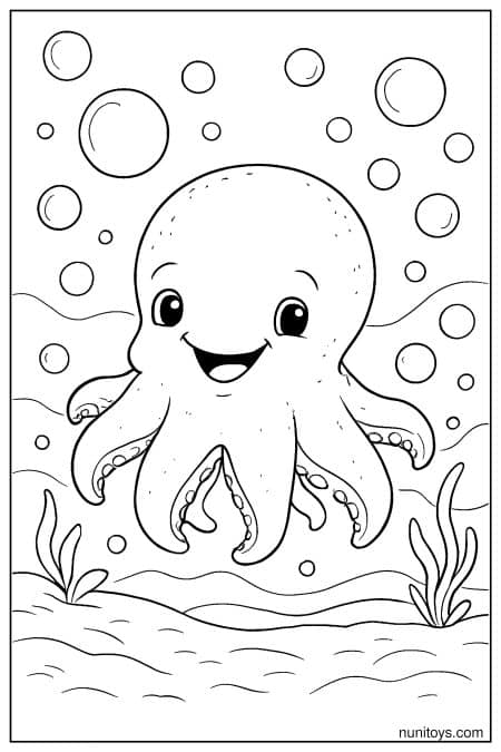 דף צביעה של תמנון דמבו מחייך מוקף בועות במים