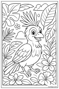 ציפור הואצין חמודה בין פרחים ועלים דף צביעה לילדים