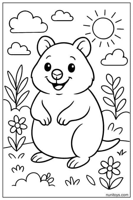 Quokka stands between plants under sun and clouds Coloring Page