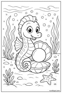 Free Seahorse Coloring Sheet with Shell on Seabed