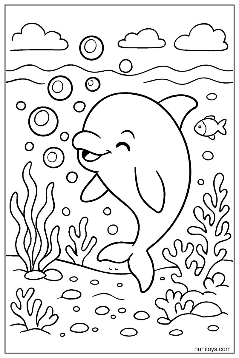 Smiling Vaquita Blowing Bubbles in a Peaceful Ocean Coloring Page
