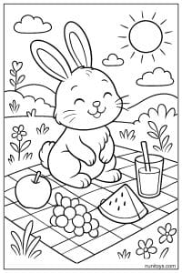 Bunny Picnic with Fruits and Juice Coloring Page