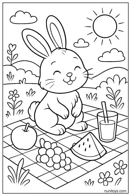 Bunny Picnic with Fruits and Juice Coloring Page