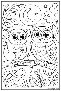 Tarsier and Owl on Branch at Night Coloring Page