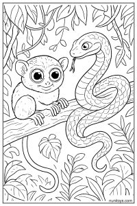 Tarsier with Snake on Jungle Branch  Coloring Page