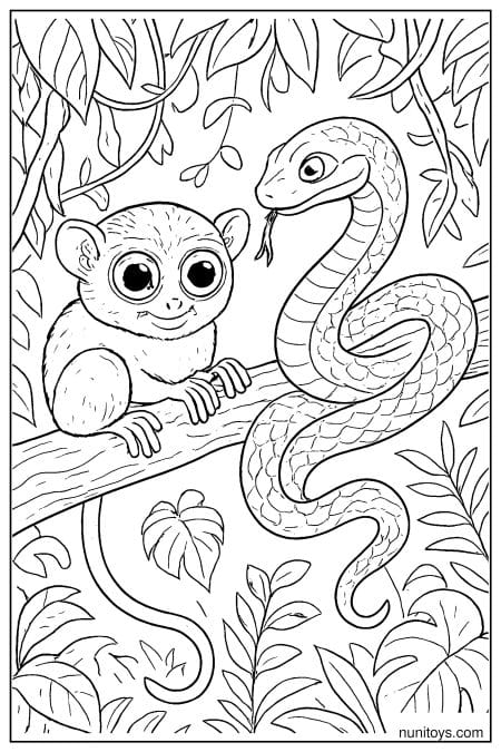Tarsier with Snake on Jungle Branch Coloring Page
