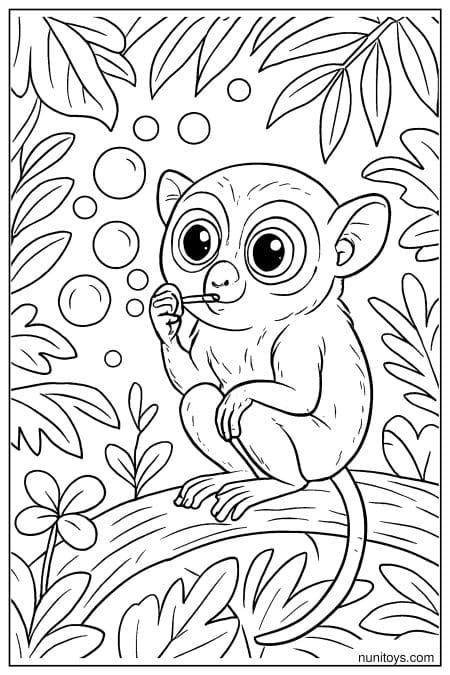 Tarsier Coloring Page Blowing Bubbles on Branch