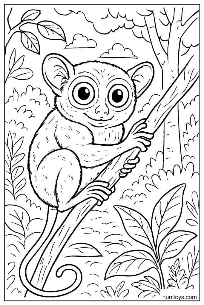 Tarsier Coloring Sheet Holding Branch in Forest Scene