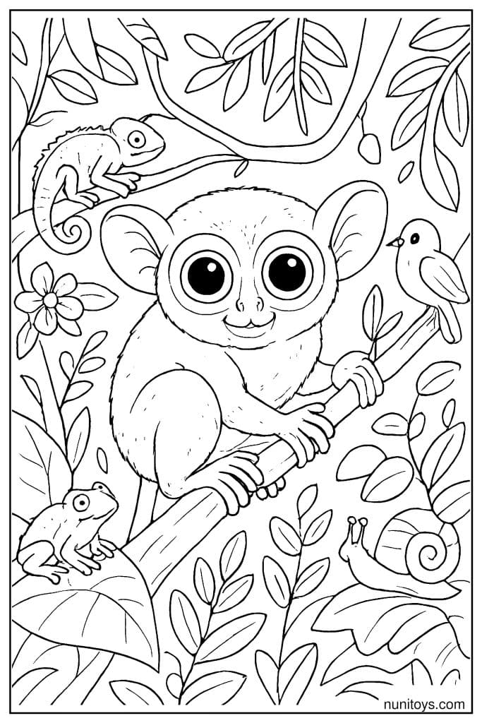 Tarsier Coloring Page Surrounded by Jungle Animals