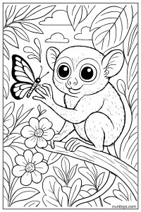 Tarsier Reaching Toward Butterfly in the Jungle Coloring Page