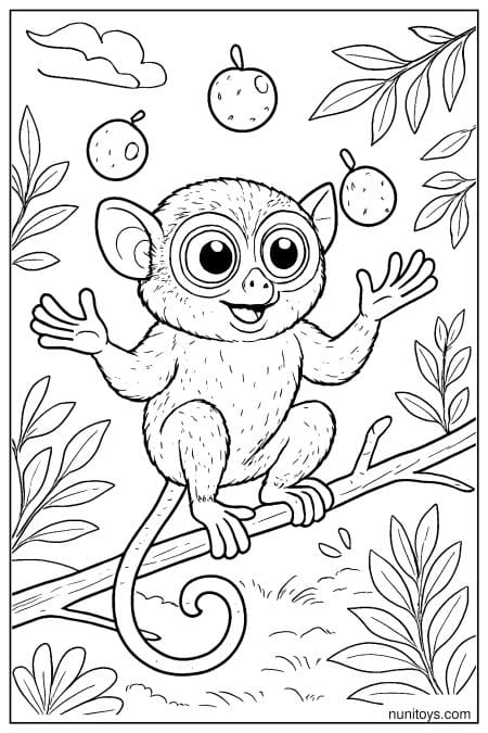 Tarsier with Floating Fruits in Jungle Coloring Page