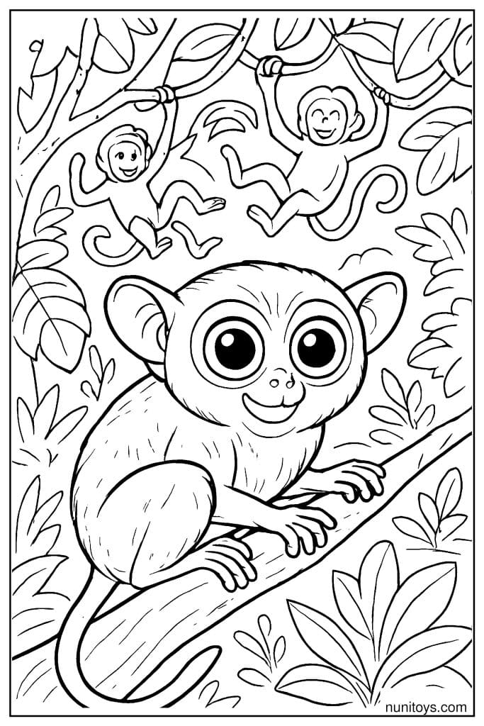 Tarsier Coloring Sheet with Monkeys in Background Trees