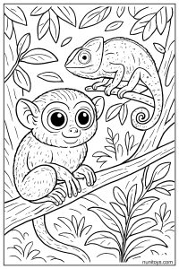 Tarsier with Chameleon on Jungle Branch Coloring Page