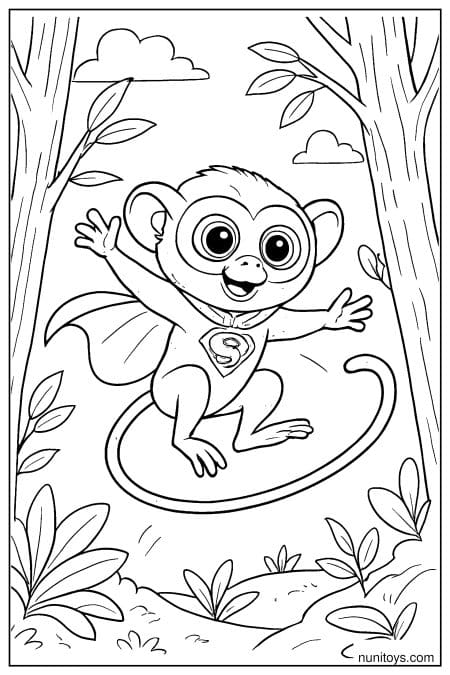 Superhero Tarsier Jumping Through Jungle Coloring Page