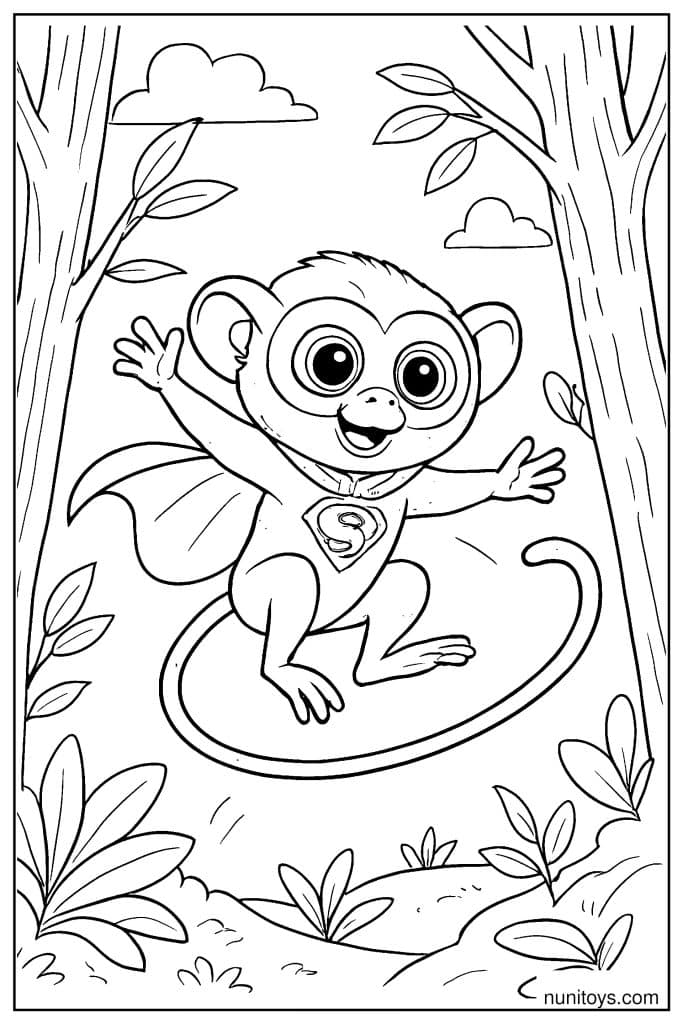 Superhero Tarsier Jumping Through Jungle Coloring Page