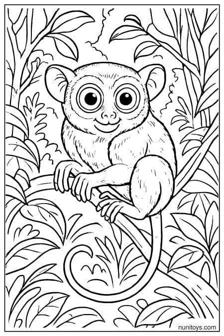 Tarsier Surrounded by Dense Leaves on Branch Coloring Page