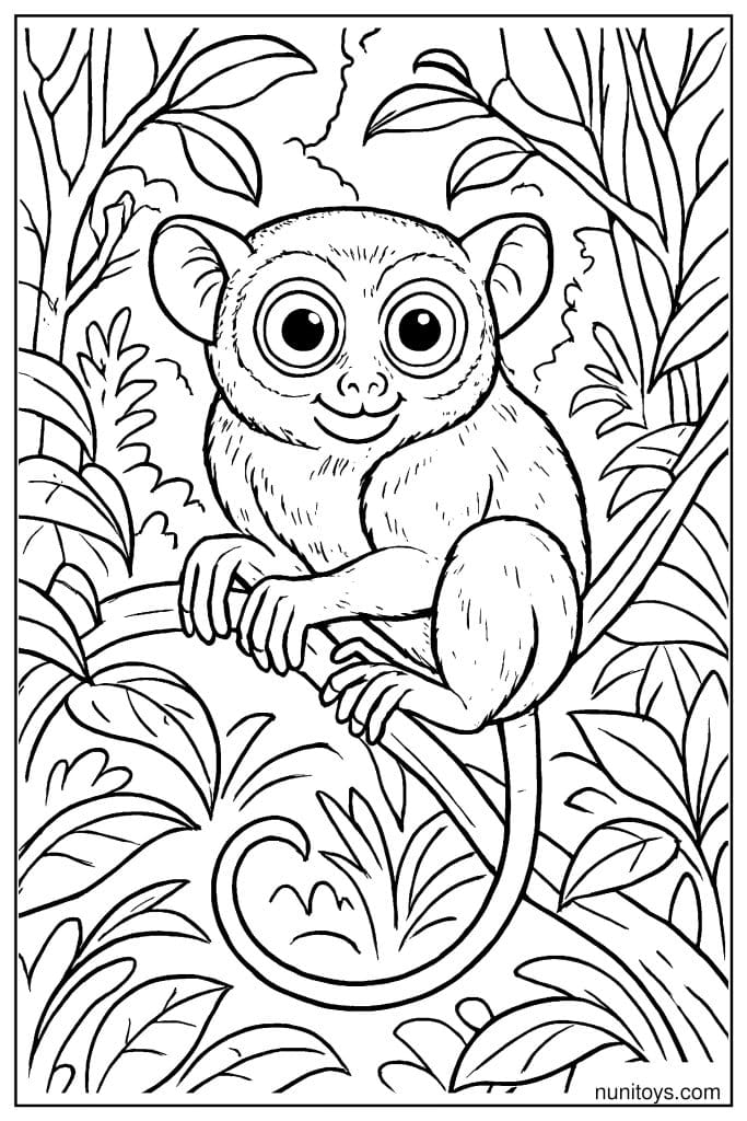 Tarsier Surrounded by Dense Leaves on Branch Coloring Page