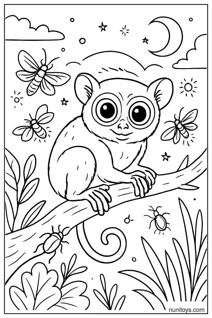 Tarsier Surrounded by Insects Under Night Sky Coloring Page