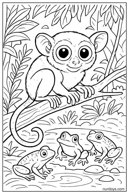 Tarsier Coloring Sheet with Frogs Below Branch Scene