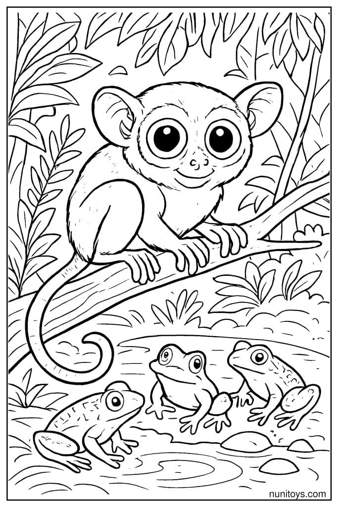 Tarsier Coloring Sheet with Frogs Below Branch Scene